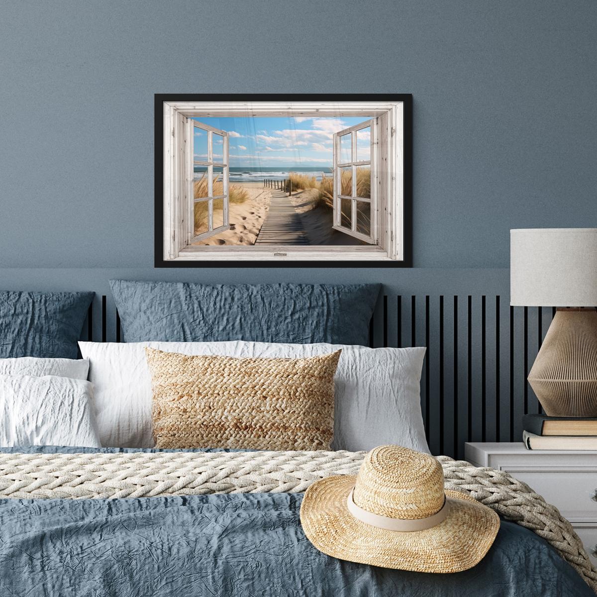 POSTER MIT RAHMENGERAHMTES BILD Fenster - Meer - Küste - Natur - Ausblick - Strand - Wattenmeer 60x40 cm - Beige, Papier (60/40cm) - MuchoWow