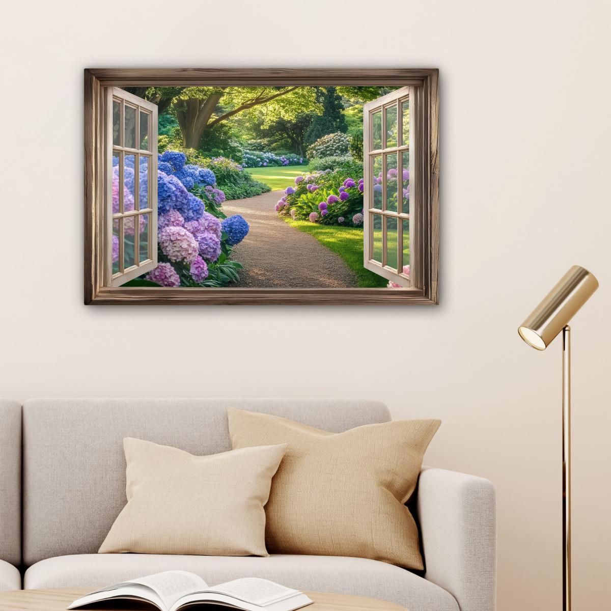 LEINWANDBILD Aussicht - Garten - Fenster - Hortensie - Blumen Wanddeko 90x60 cm - Pastellblau, Textil (90/60cm) - MuchoWow