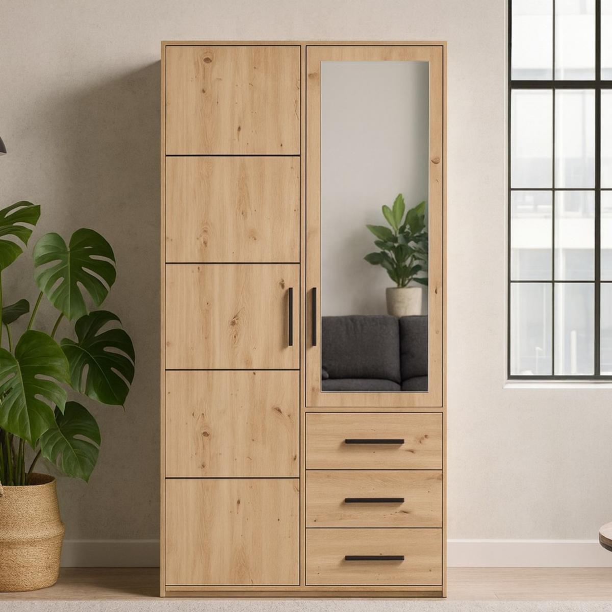 DREHTÜRENSCHRANK Kavo mit Spiegel und 2 Türen, eiche Artisan - Schwarz/Eiche Artisan, Holzwerkstoff (100/200/58cm) - Beautysofa