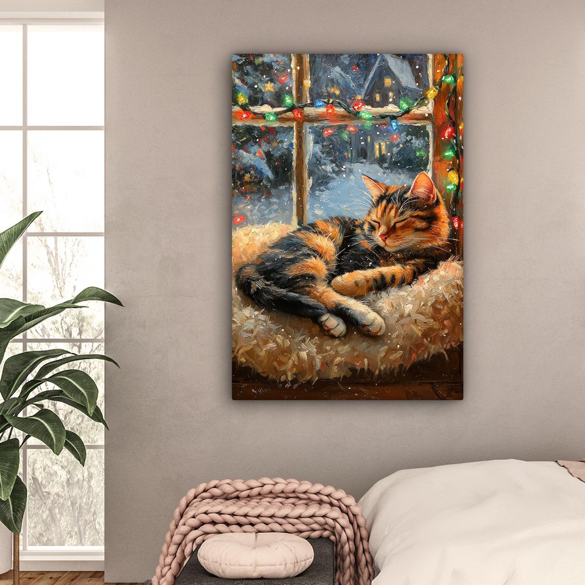 LEINWANDBILD Katze - Weihnachten - Winter - Tier Deko XXL 80x120 cm - Bernsteinfarben, Textil (80/120cm) - MuchoWow