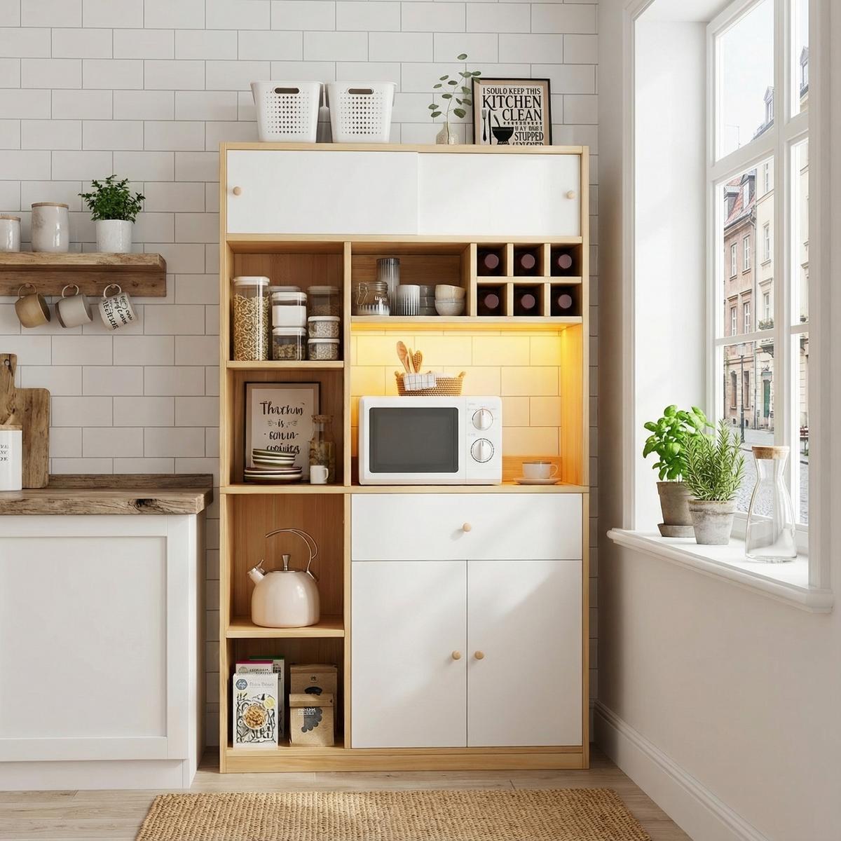 HIGHBOARD mit LED Mikrowellenfach & 3 Türen - Eichefarben, Holzwerkstoff (115/180/35cm) - Urban Meuble