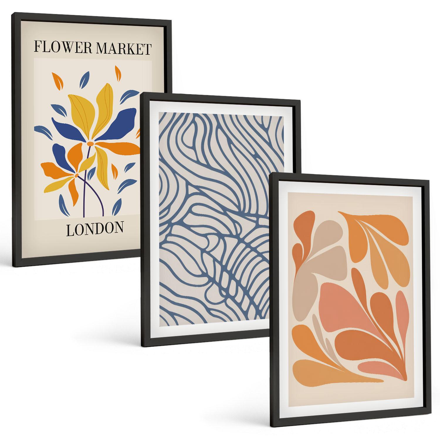 BILDER SET 3er Set - 40x60 cm Schwarzer Rahmen - Moderne abstrakte Blumen - Schwarz, Kunststoff (40/60cm) - TULUP