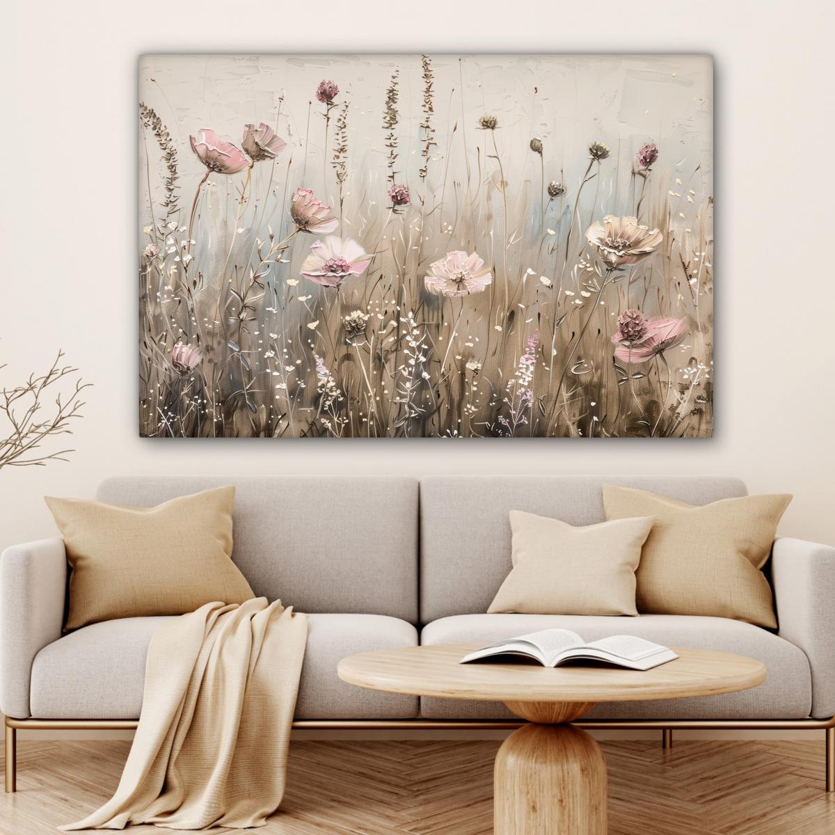 LEINWANDBILD Blumen - Rosa - Modern - Beige Wohnzimmer Groß 120x80 cm - Beige, Textil (120/80cm) - MuchoWow
