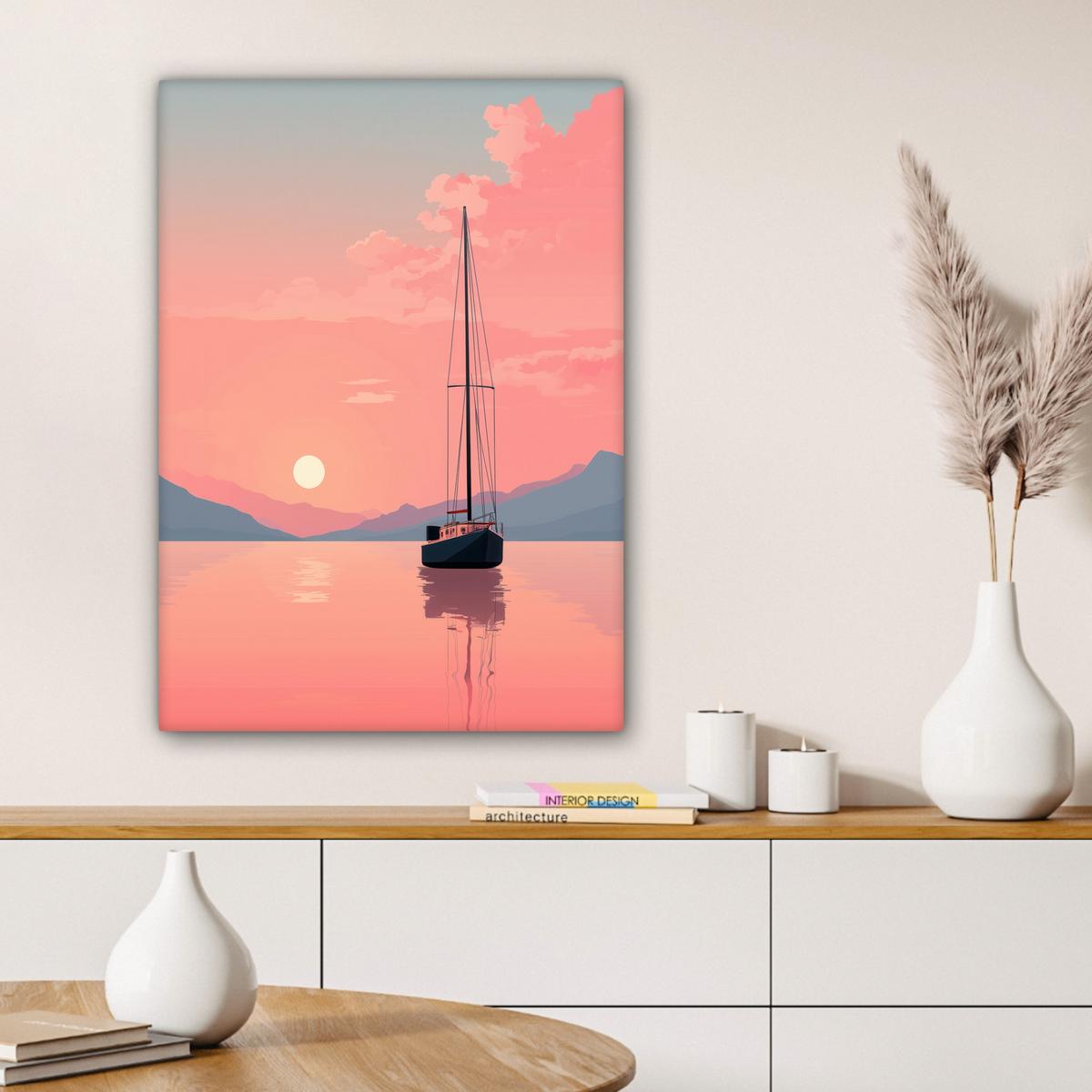 LEINWANDBILD Segelboot - Rosa Meer - Sonnenuntergang - Berge Wandbild Wohnzimmer 60x80 cm - Rosa, Textil (60/80cm) - MuchoWow