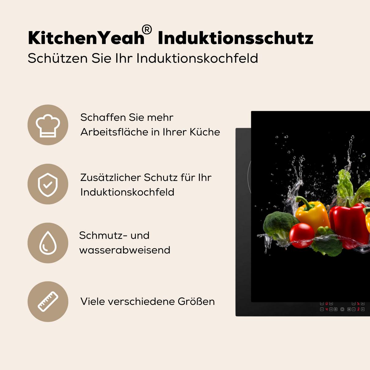 HERDABDECKPLATTE Paprika - Wasser - Gemüse - Schwarz Induktionsmatte 77x59 cm - Multicolor, Kunststoff (77/59/0.2cm) - MuchoWow
