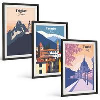 BILDER SET 3er Set - 40x60 cm Schwarzer Rahmen - Retro-Illustrationen zur Bergarchitektur - Schwarz, Kunststoff (40/60cm) - TULUP