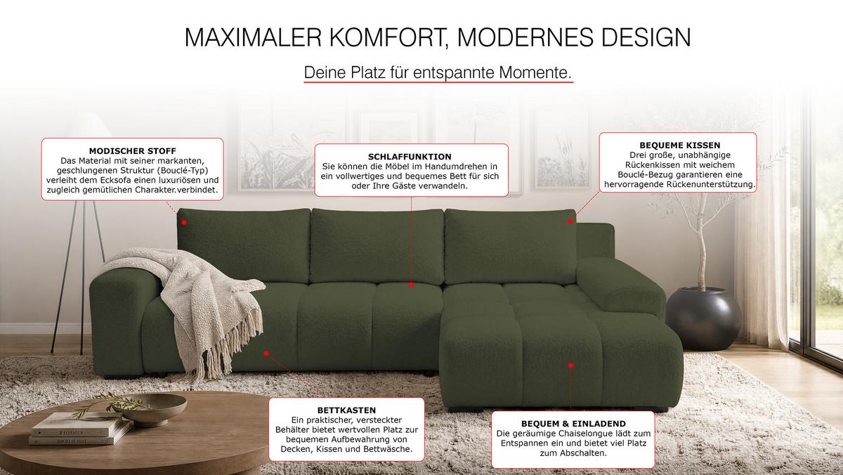 ECKSOFA Ovia mit Bettkasten und Schlaffunktion, Bouclé-Stoff in L-Form - Grün, Textil (270/185cm)