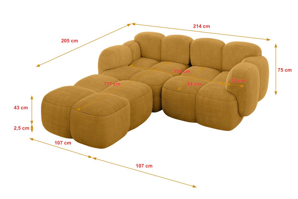 ECKSOFA modulares Sofa Links Miko-L1 214x205x75 Senfgelb Cord - Schwarz/Honig, Holzwerkstoff/Kunststoff (214/205cm) - ALTDECOR