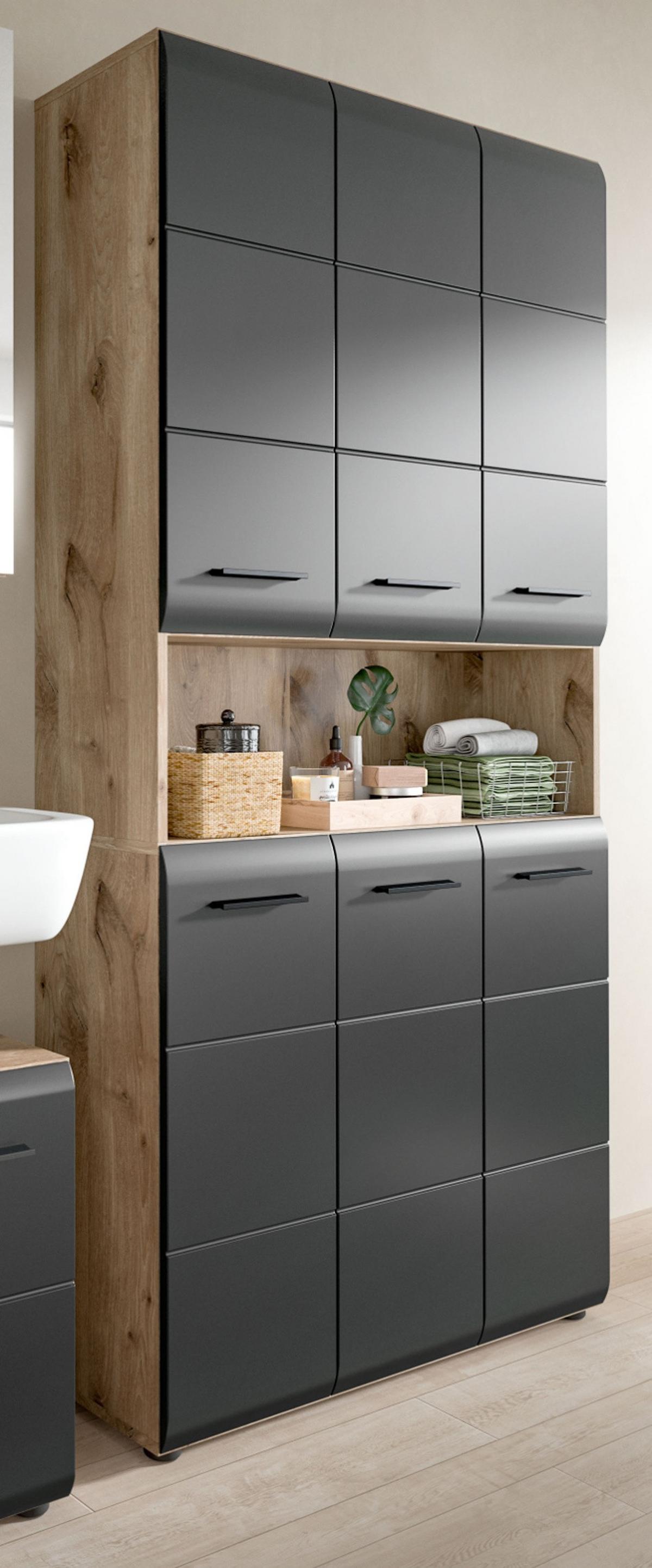HOCHSCHRANK schwarz matt, Eiche, Badschrank Mehrzweckschrank 6-türig 90 x 185 cm - Eichefarben/Schwarz, Holzwerkstoff/Kunststoff (90/185/30cm) - Inn.Furn