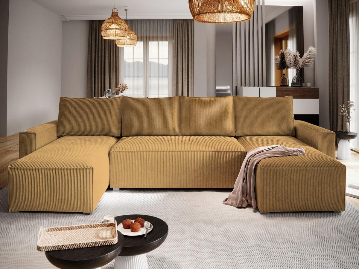 WOHNLANDSCHAFT ASPRA Gelb Kordstoff mit Schlaffunktion - Gelb/Grau, Holz/Kunststoff (295/85/140cm) - MASSENO