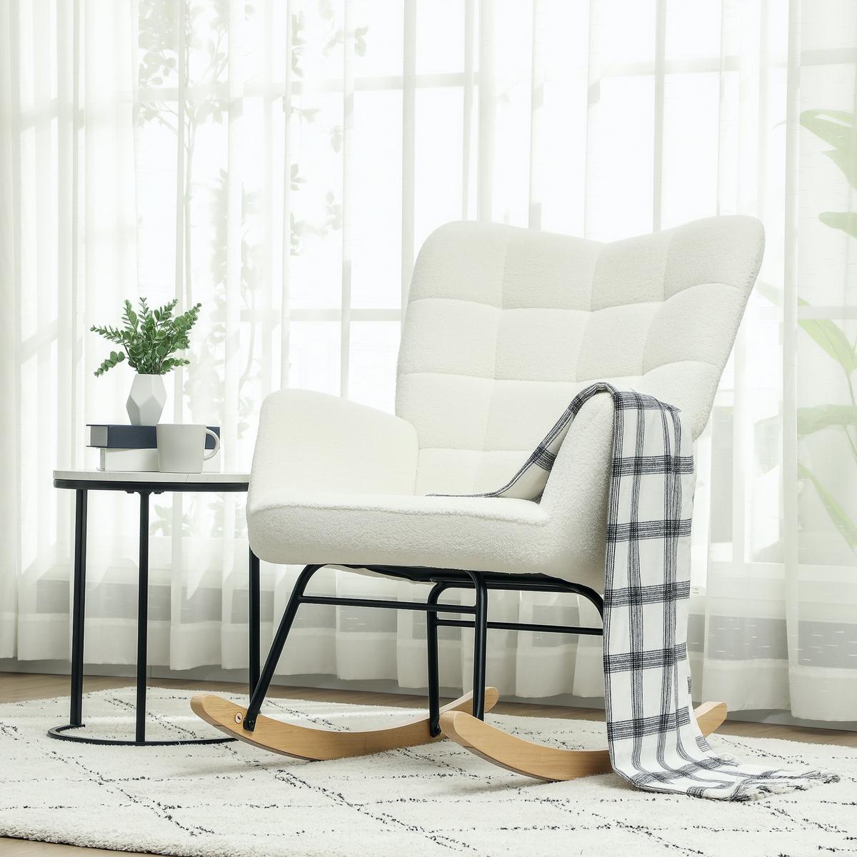SCHAUKELSTUHL Sessel Relaxsessel bis 120 kg, Polyester, Weiß 98x71x101cm - Buchefarben/Weiß, Buchenholz/Textil (98/101/71cm) - HOMCOM
