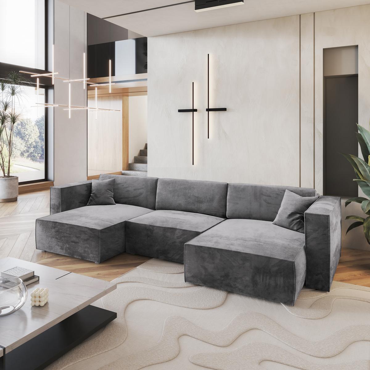 WOHNLANDSCHAFT SARMO M Grau Velours-Stoff mit Schlaffunktion - Grau, Holz/Kunststoff (347/70/148cm) - MASSENO
