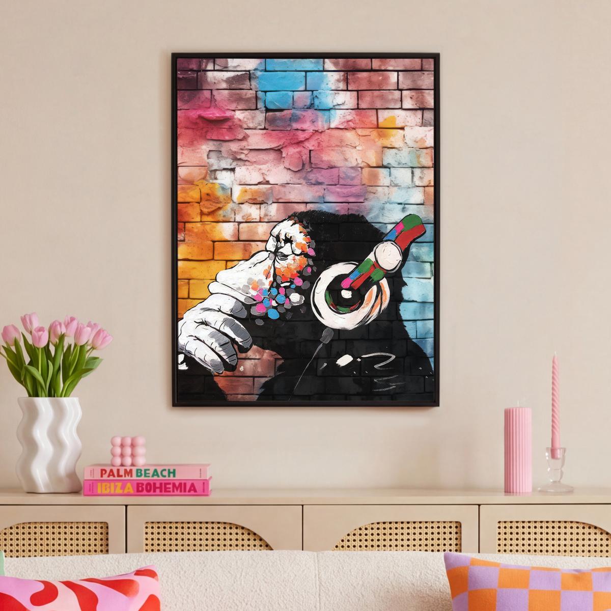 LEINWAND Bilder mit Rahmen - Affe - Graffiti - Musik - 70x100 - Multicolor, Textil (70/100cm) - MuchoWow