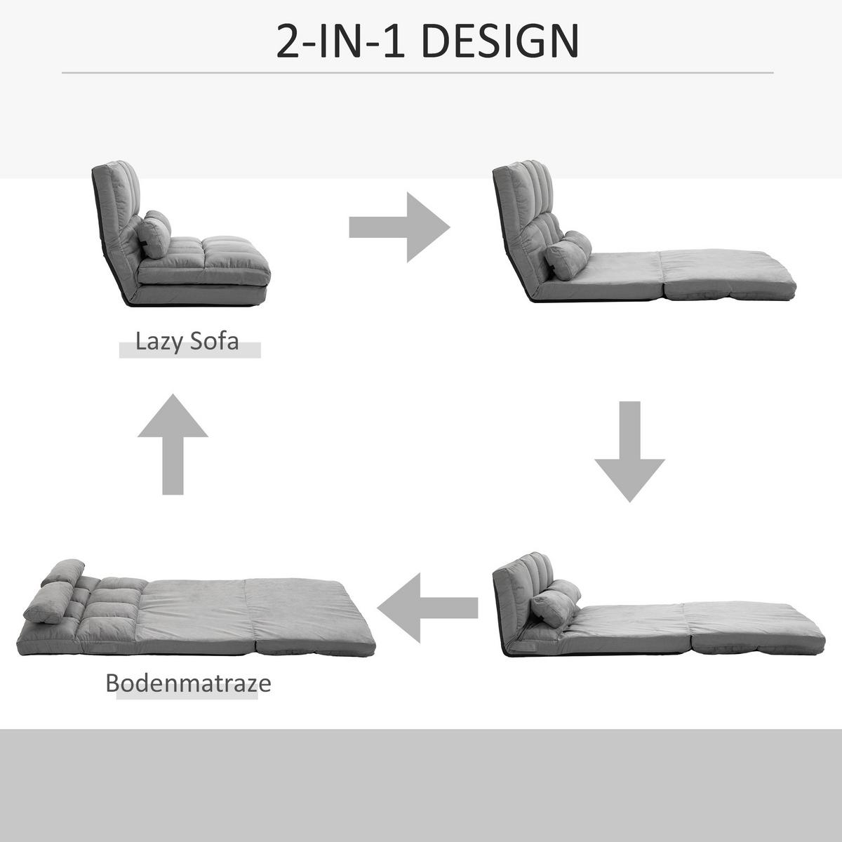 BODENSTUHL 2-in-1 Bodensessel Bett mit Rückenlehne 3 Positionen Verstellbar - Grau, Textil/Metall (73/60/102cm) - HOMCOM