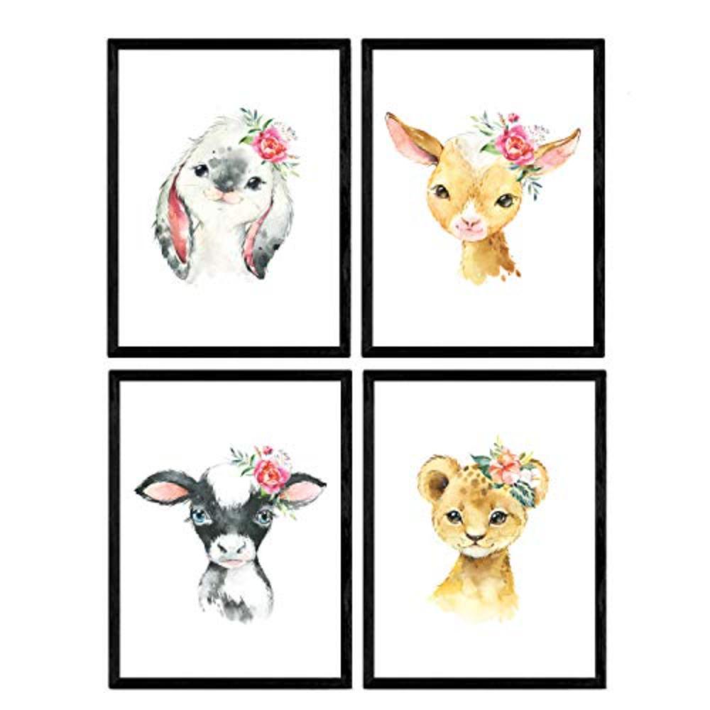 POSTER Set mit 4 Leon AlpacaKaninchen und Kuh A4 Schwarzer Rahmen - Schwarz, Papier (29.7/3cm) - Nacnic