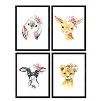 POSTER Set mit 4 Leon AlpacaKaninchen und Kuh A4 Schwarzer Rahmen - Schwarz, Papier (29.7/3cm) - Nacnic