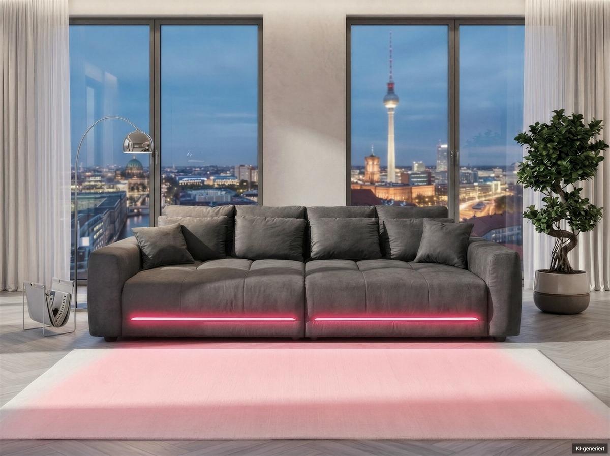 BIG-SOFA Federkern B294/T136/H86 cm, RGB-LED-Beleuchtung mit Fernbedienung, Mikrofaserstoff in Anthrazit / 15415 - Anthrazit/Schwarz, Kunststoff/Textil (294/86/136cm) - luma-home