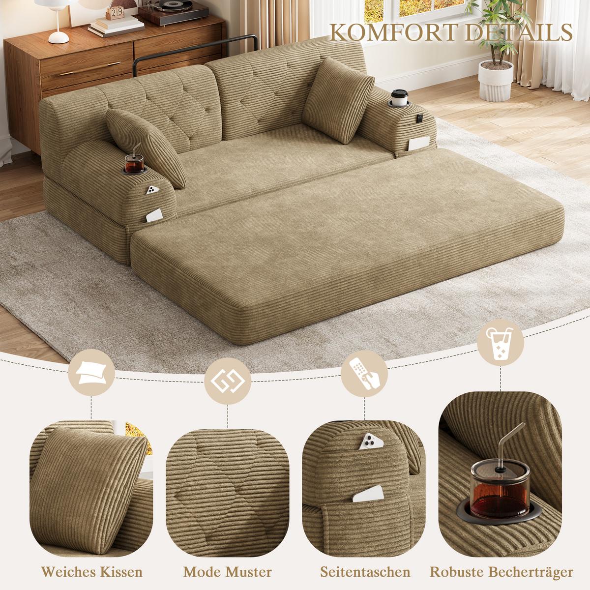 SCHLAFSOFA 2-Sitzer Cord mit Schlaffunktion, Getränkehalter & Taschen - Sandfarben, Textil (168/81/80cm) - Urban Meuble