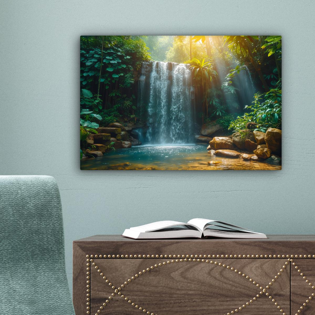 LEINWANDBILD Wasserfall - Dschungel - Sonne - Grün - Natur Deko Schlafzimmer 30x20 cm - Grün, Textil (30/20cm) - MuchoWow