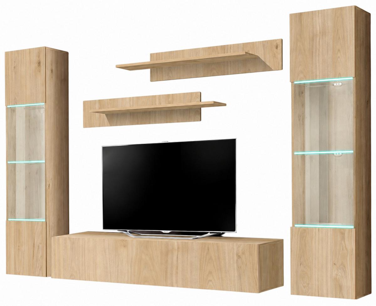 WOHNWAND Eiche Jackson 5-teilig 260 cm, Schrankwand hängend mit LED-Beleuchtung - Eichefarben, Glas/Holzwerkstoff (260/170/40cm) - Inn.Furn