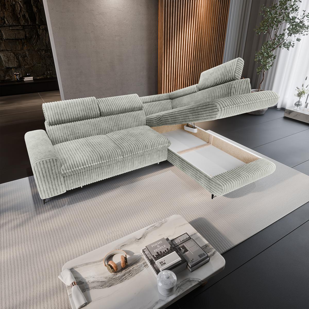 ECKSOFA VELISS Hellgrau Kordstoff mit Schlaffunktion - Hellgrau, Holz (255/193cm) - MASSENO