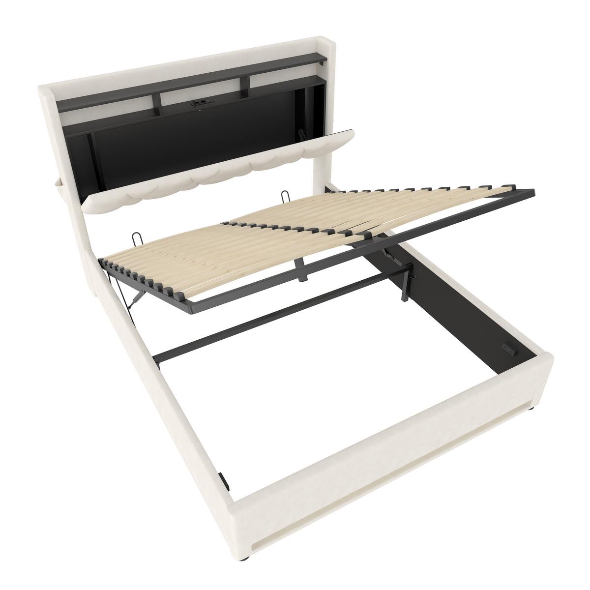 POLSTERBETT samt beige 160x200 cm mit led-beleuchtung, usb-c & stauraum-kopfteil - Beige, Textil (160/200cm) - Urban Meuble