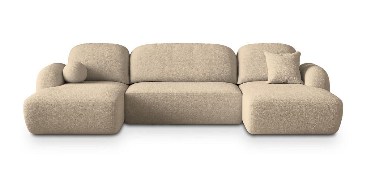 WOHNLANDSCHAFT SAVONA N Creme Boucle-Stoff mit Schlaffunktion - Creme/Schwarz, Holz/Kunststoff (320/90/148cm) - MASSENO
