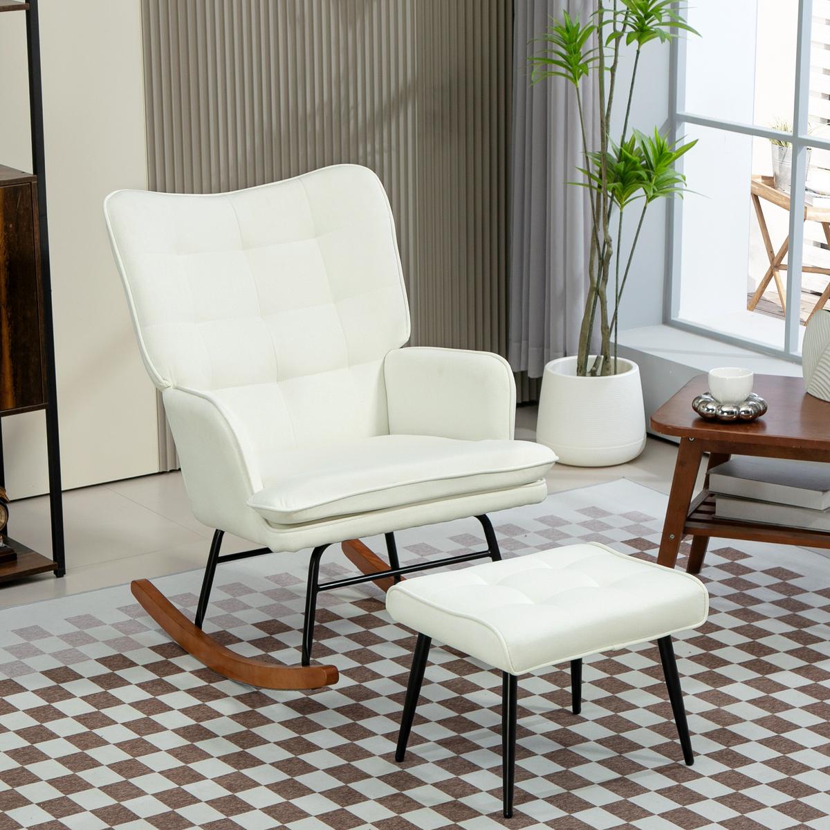 SCHAUKELSTUHL Schwingsessel mit Hocker Armlehnsessel Relaxsessel mit Leinenoptik - Creme/Schwarz, Holz/Buchenholz (89/90/64cm) - HOMCOM