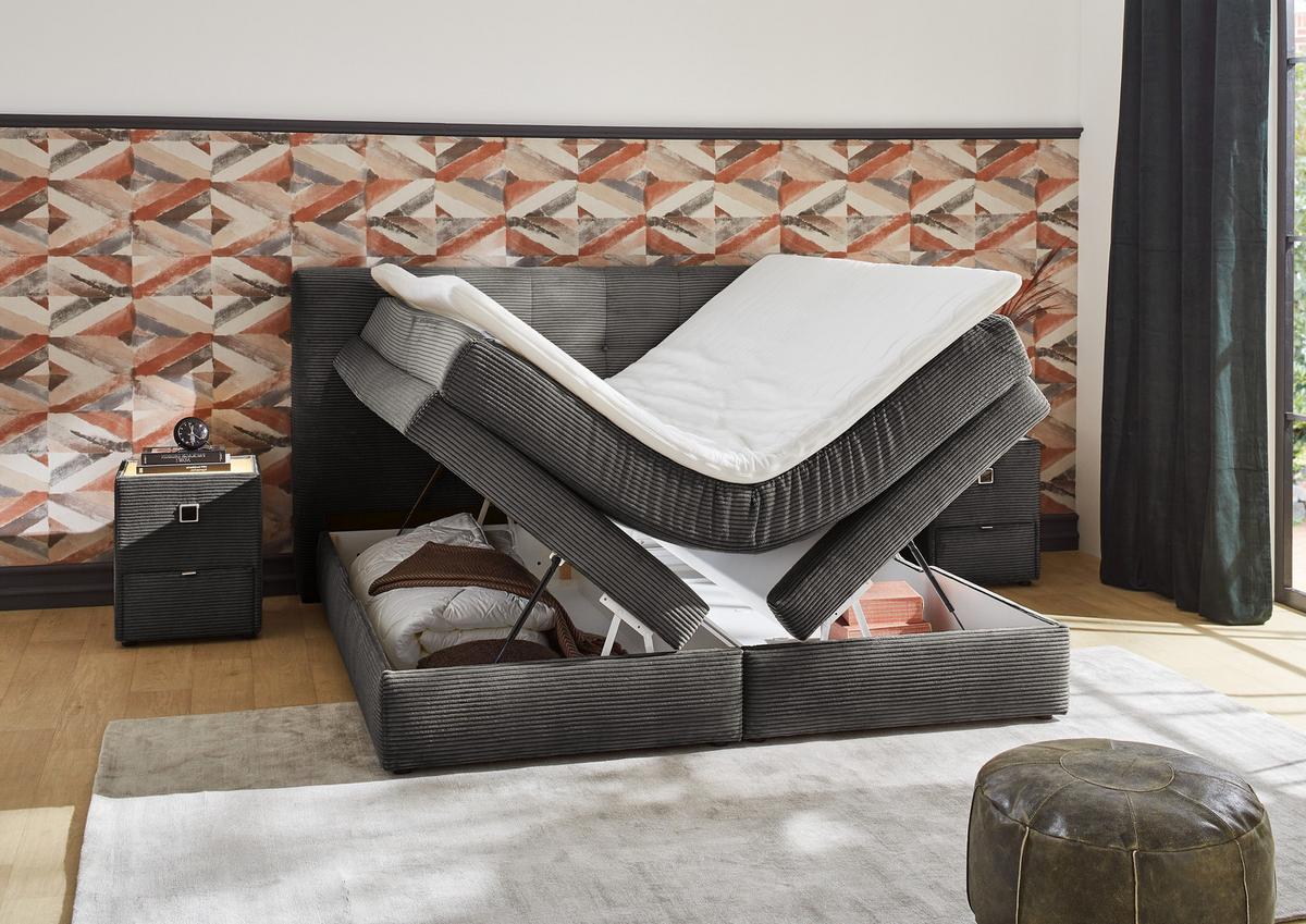 BOXSPRINGBETT 180x200 cm, 7-Zonen-Tonnentaschen-Federkernmatratzen H3, Topper, Bonell-Federkern, 2 Bettkästen, Cord Dunkelgrau / 20038 - Dunkelgrau/Schwarz, Kunststoff/Textil (180/200cm) - luma-home