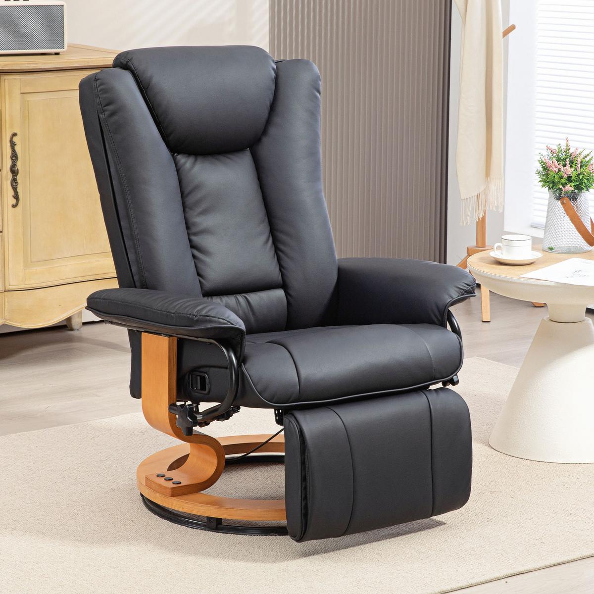 RELAXSESSEL Drehbar Fernsehsessel mit Liegefunktion, Fußstütze, Schwarz - Schwarz, Leder/Holzwerkstoff (88/103/78cm) - HOMCOM