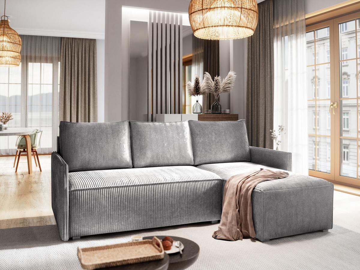 ECKSOFA PERUSI Hellgrau Kordstoff mit Schlaffunktion - Hellgrau/Grau, Holz/Kunststoff (206/143cm) - MASSENO
