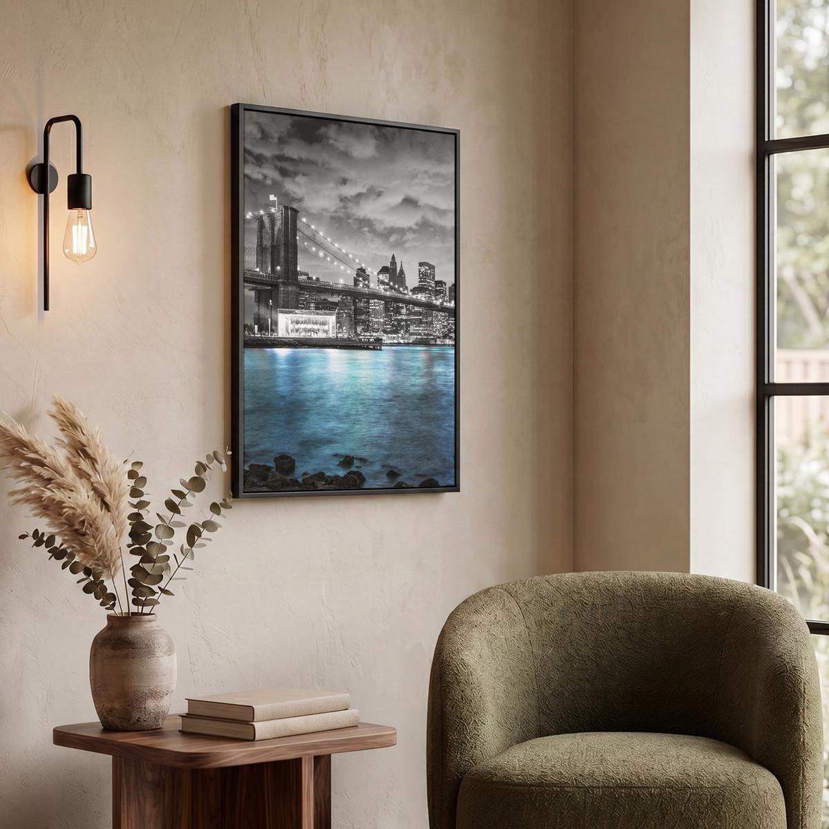 LEINWAND Bilder mit Rahmen - New York - Skyline - Stadt - Blau - 60x80 - Blaugrau, Textil (60/80cm) - MuchoWow