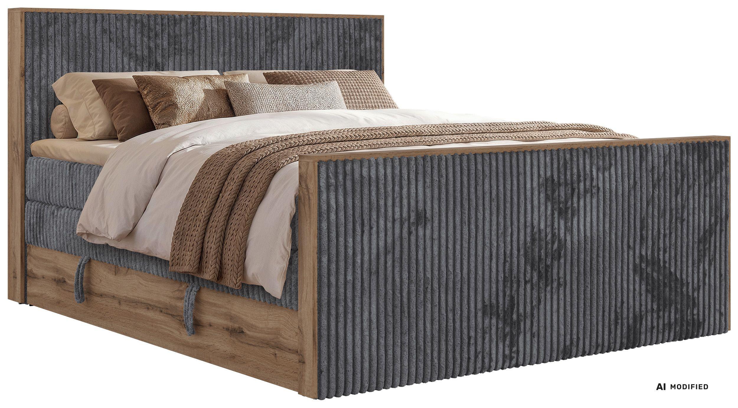BOXSPRINGBETT WOOD KING DUO 140/200 - Grau Cord - Topper Visco - H4 - Schwarz/Grau, Kunststoff/Textil (140/200cm) - MKS