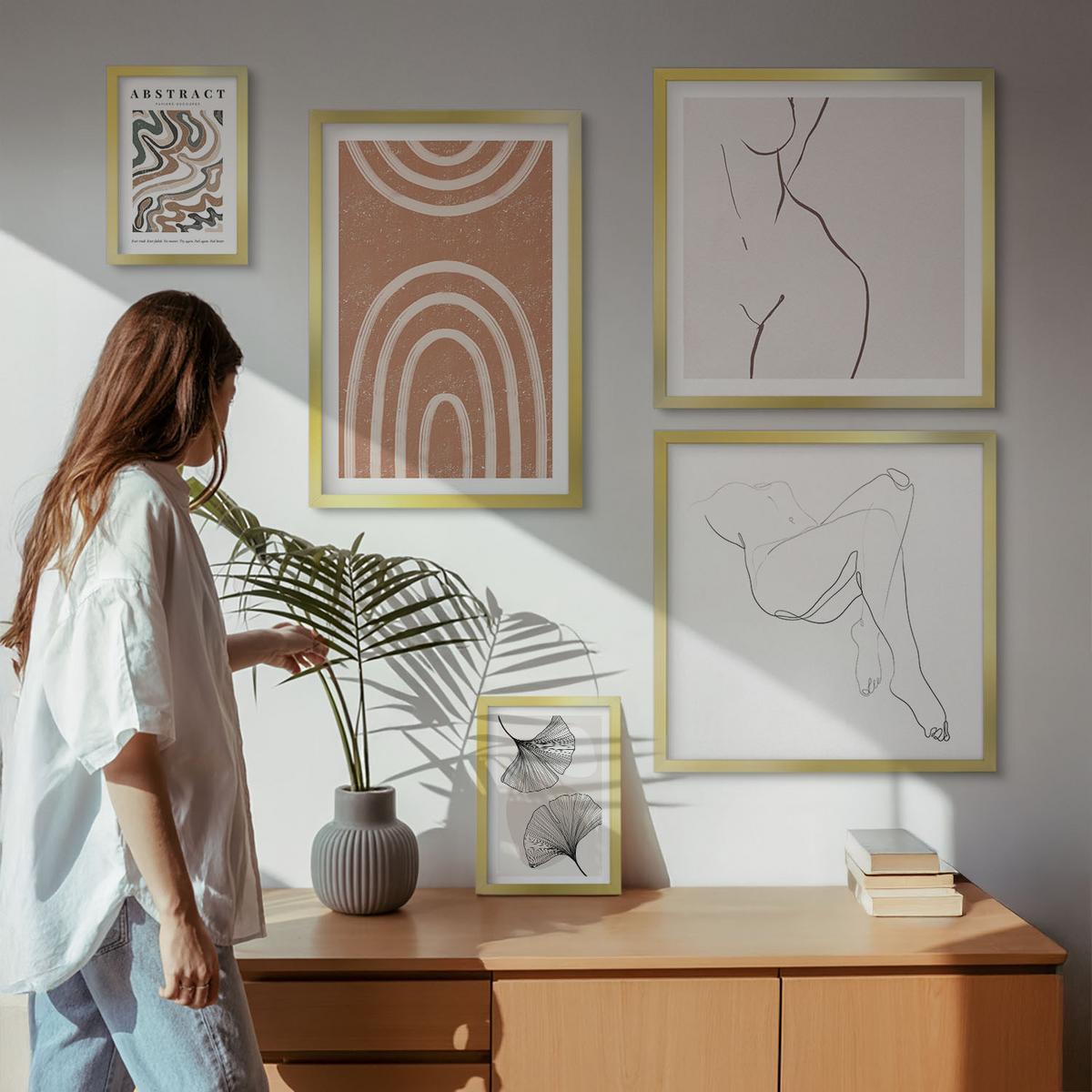 BILDER SET 5er Set - 50x50 cm & 20x30 cm & 40x60 cm Goldrahmen - Abstrakte Boho-Blattformen - Goldfarben, Kunststoff (40/60cm) - TULUP