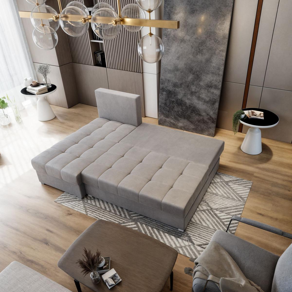 ECKSOFA RITA M Hellgrau Velours-Stoff mit Schlaffunktion - Hellgrau/Grau, Holz/Kunststoff (200/141cm) - MASSENO