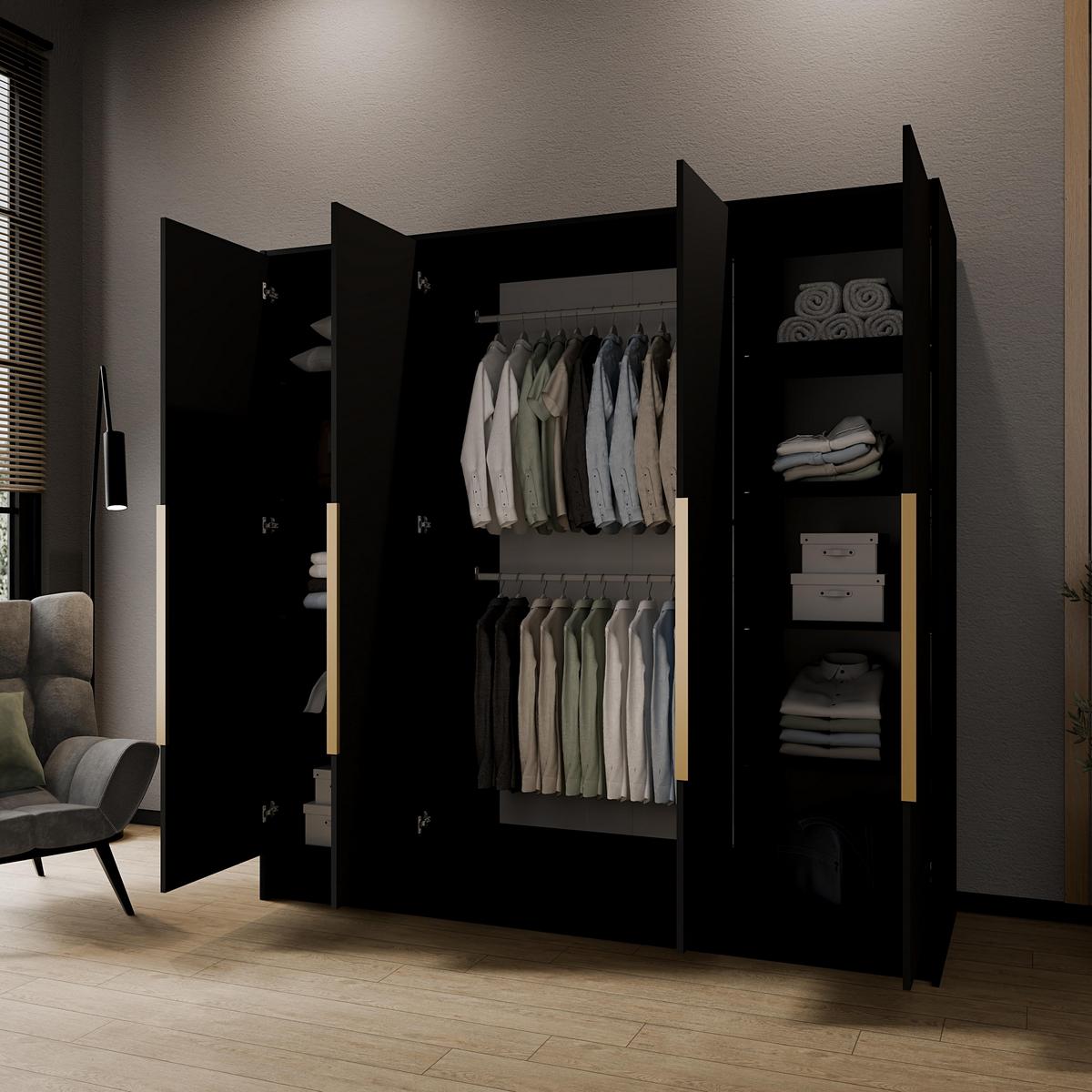 DREHTÜRENSCHRANK BERON 200/200/51 cm Modern Kleiderschrank 4-türig Schwarz - Schwarz, Holzwerkstoff (200/200/51cm) - MASSENO