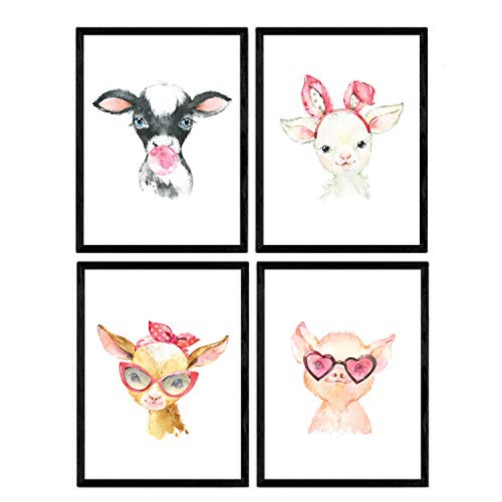 POSTER Set mit 4 Kuhziege und Schweinefleisch A4 Schwarzer Rahmen - Schwarz, Papier (29.7/3cm) - Nacnic