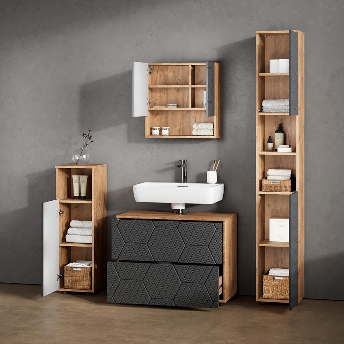 BADMÖBEL-SET Ronco Anthrazit mit Wabenstruktur 4 Teile, mit Schubladenschrank und Hochschrank - Anthrazit, Holzwerkstoff (80/58/41cm) - Livinity®