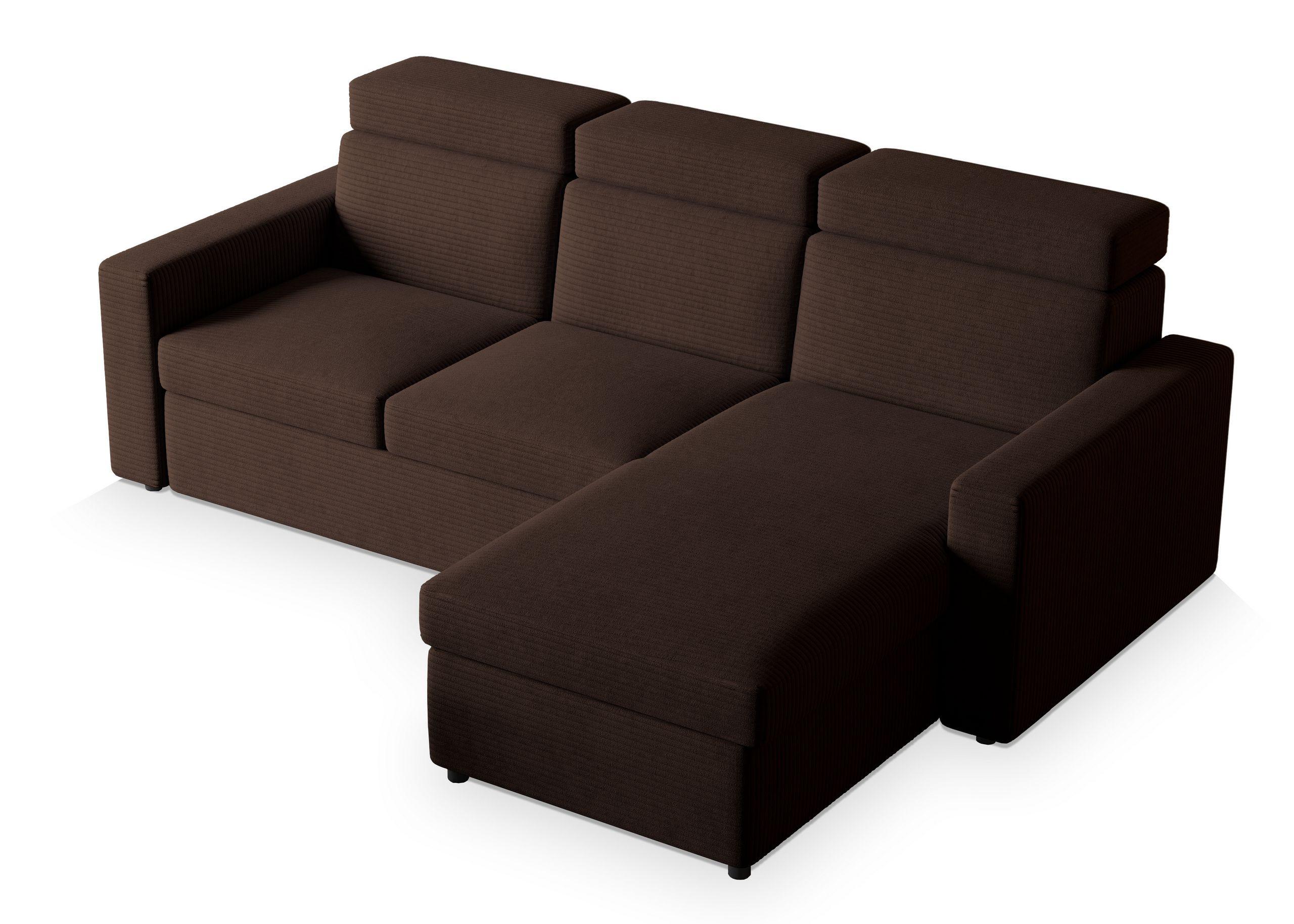 ECKSOFA PADWA Braun Kordstoff mit Schlaffunktion - Schwarz/Braun, Holz/Kunststoff (227/168cm) - MASSENO