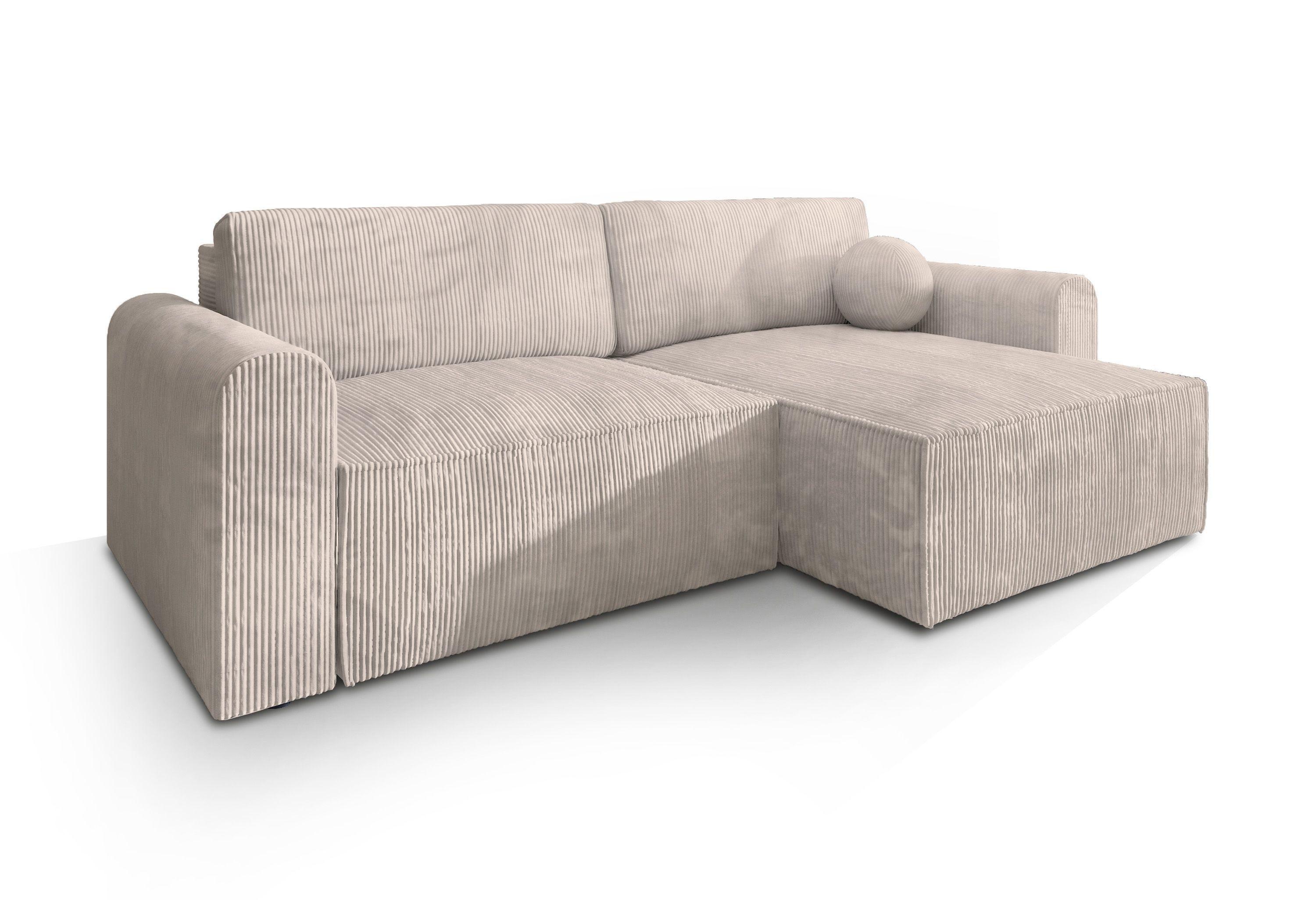ECKSOFA FIANO P Creme Kordstoff mit Schlaffunktion - Creme/Grau, Holz/Kunststoff (245/148cm) - MASSENO
