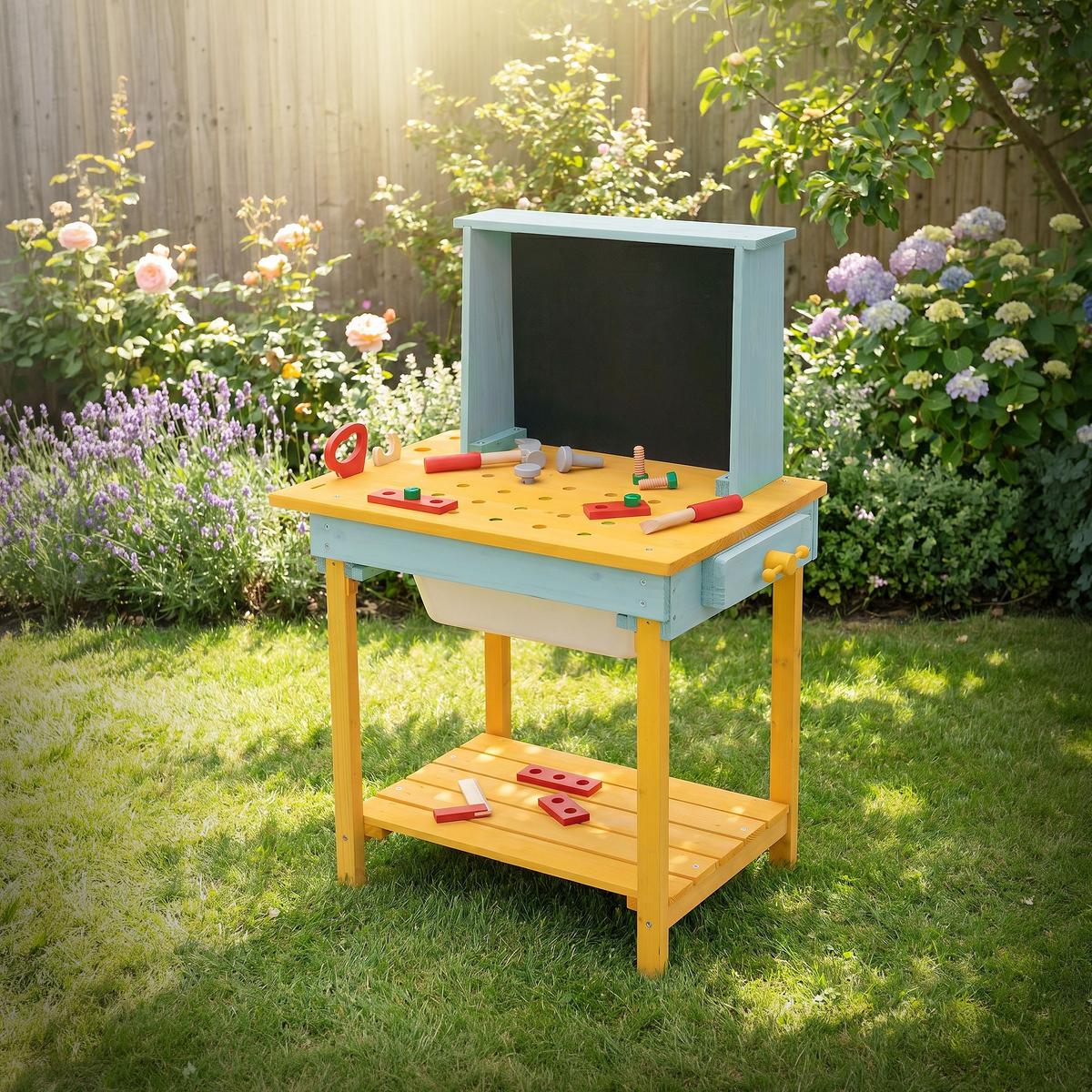 WERKBANK KINDER HOLZ ‎101x37x81 cm ‎Gelb-Türkis - Gelb, Holz/Kunststoff (101/81/37cm) - Joyz