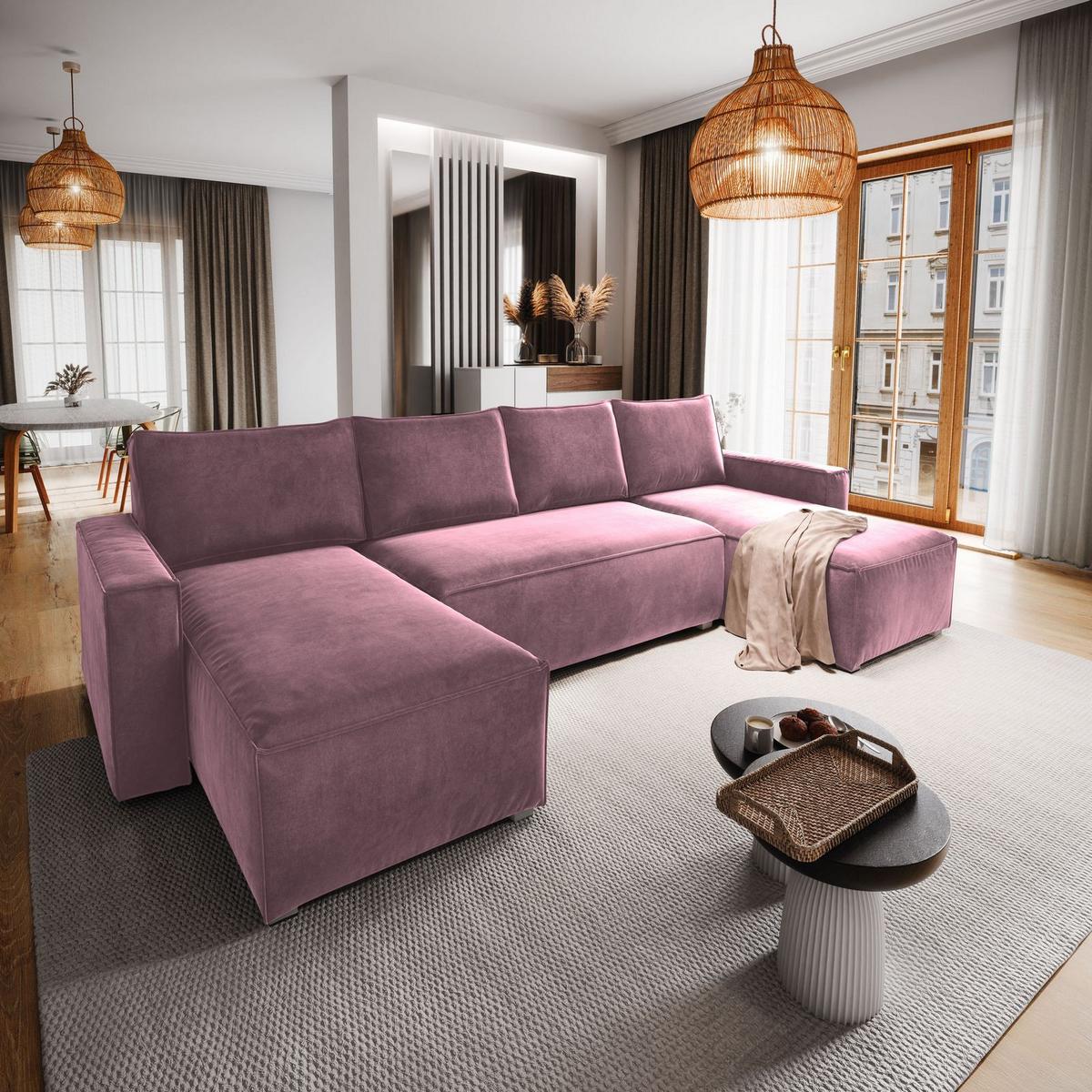 WOHNLANDSCHAFT DENI Lila Velours-Stoff mit Schlaffunktion - Lila/Grau, Holz/Kunststoff (295/85/140cm) - MASSENO