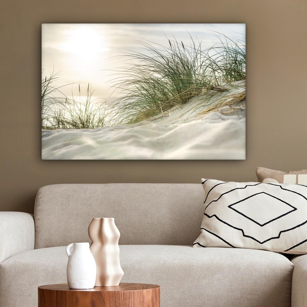 LEINWANDBILD Dünen mit Strandhafer in der Sonne des Nationalparks Schleswig-Holsteinisches Wattenmeer Wanddeko 90x60 cm - Creme, Textil (90/60cm) - MuchoWow