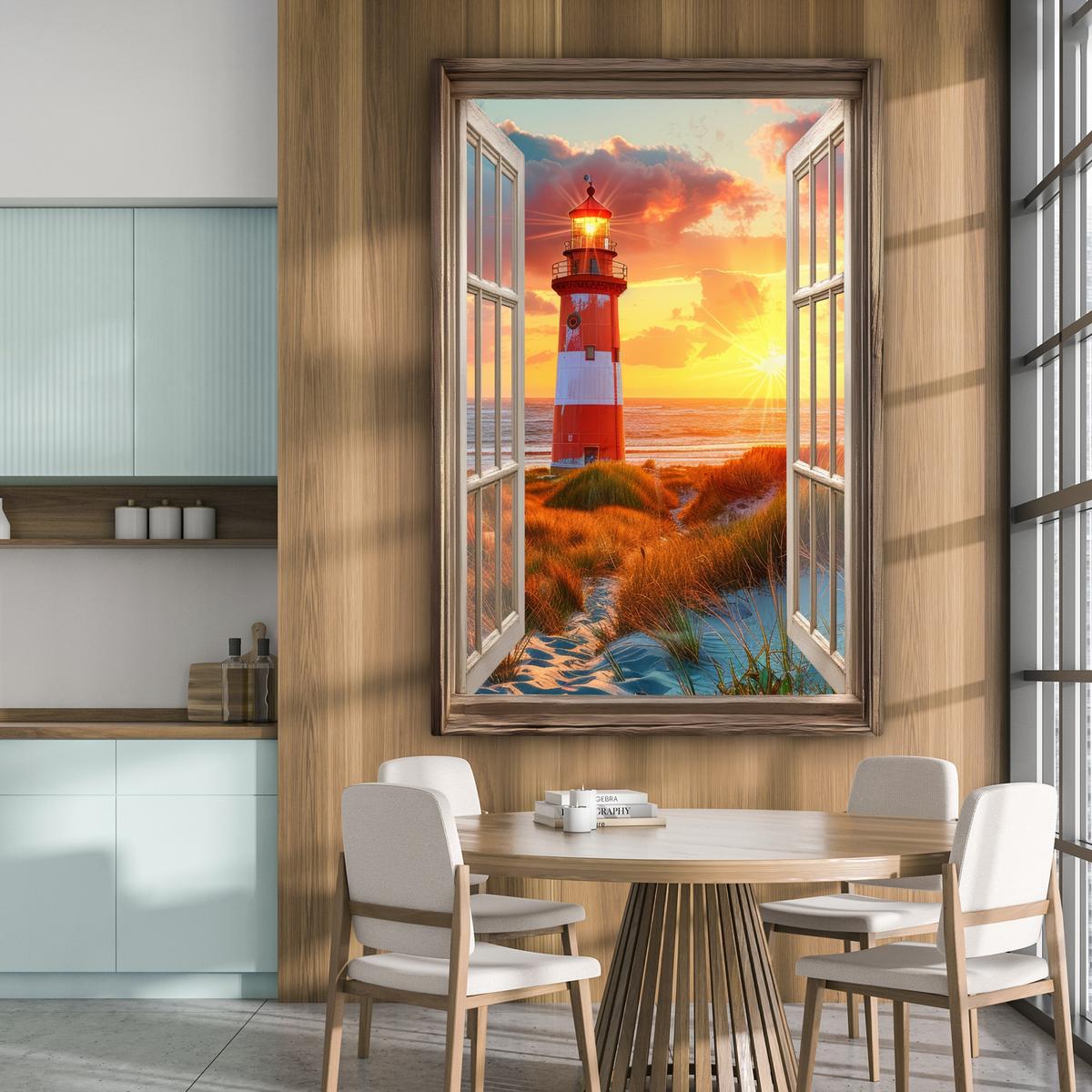 LEINWANDBILD Aussicht - Fenster - Leuchtturm - Sonnenuntergang - Strand Deko Groß 90x140 cm - Dunkelorange, Textil (90/140cm) - MuchoWow