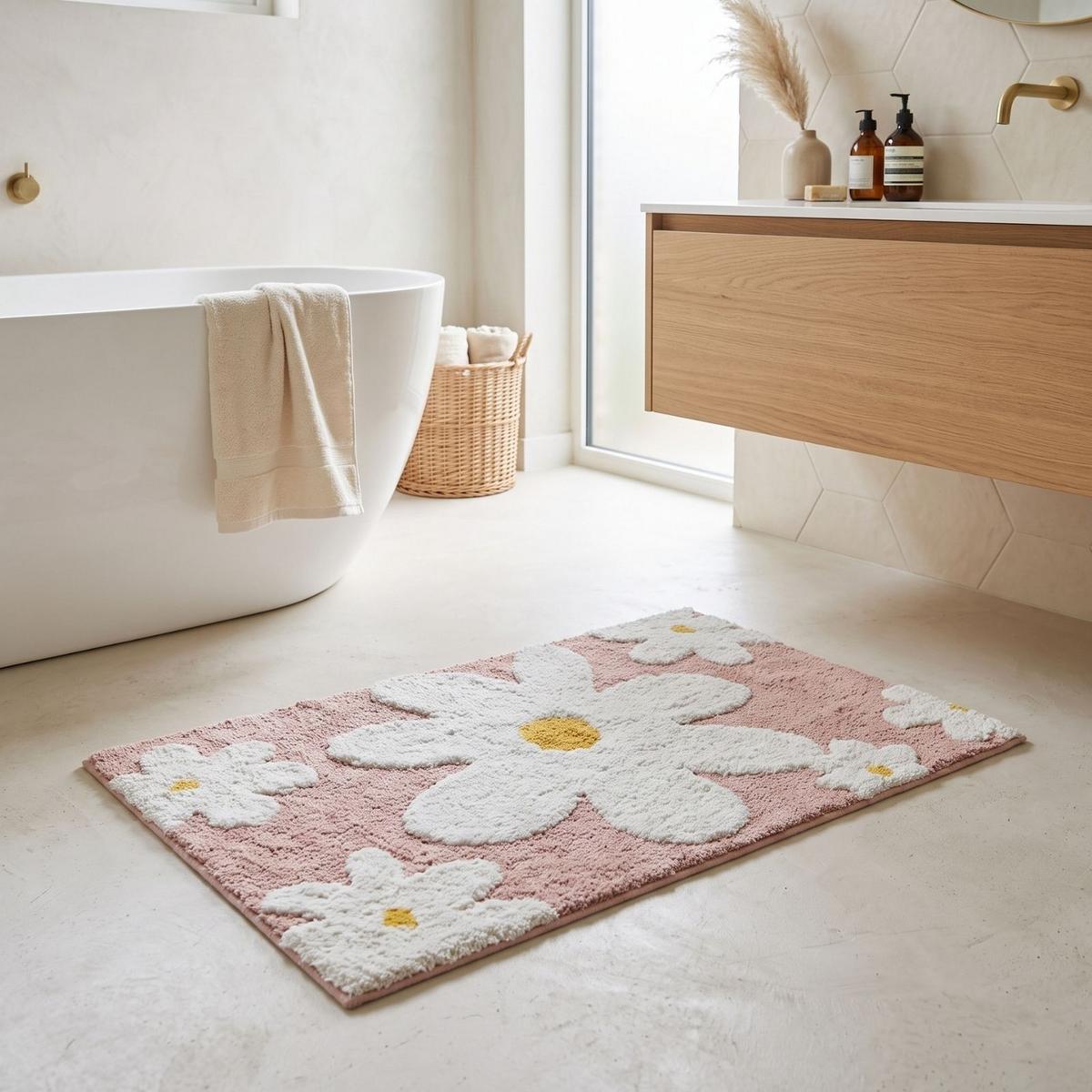 BADTEPPICH Blumen 50/80 cm, rosa-weiß, 100 % Baumwolle - Rosa, Textil (50/80cm) - Homescapes