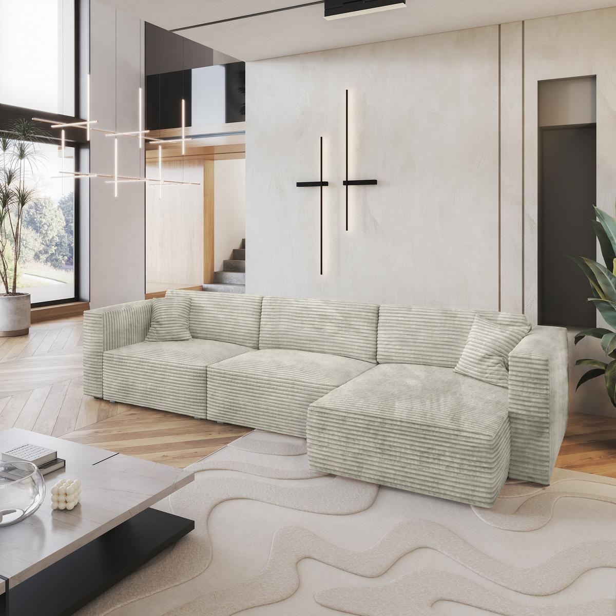 ECKSOFA TOLMO Hellgrau Kordstoff mit Schlaffunktion - Hellgrau/Grau, Holz/Kunststoff (347/148cm) - MASSENO