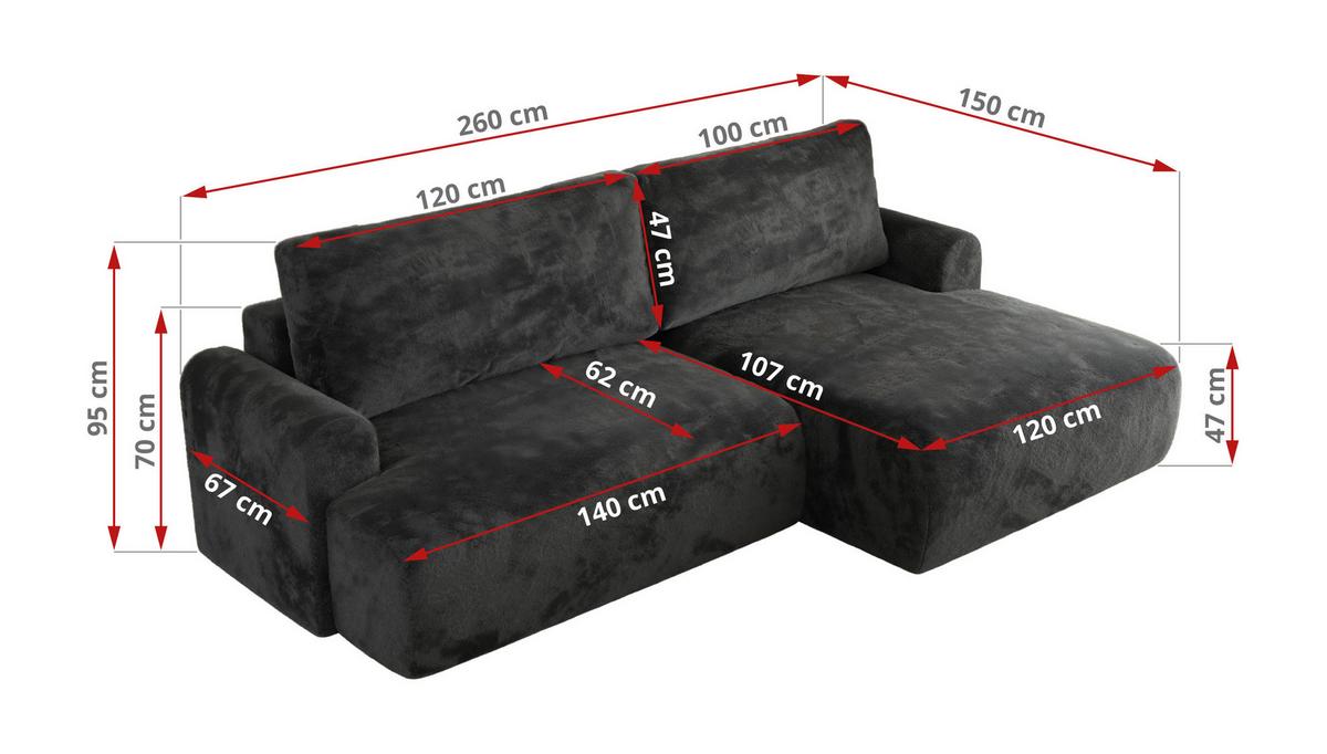 ECKSCHLAFSOFA TONO L Dunkelgrau Plüsch - links - Dunkelgrau/Schwarz, Kunststoff/Textil (260/150cm) - MKS