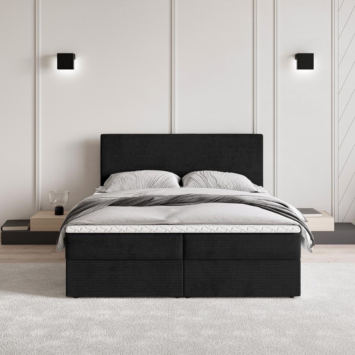 BOXBETT NIRA 180x200 cm mit Matratze und Topper - Schwarz - Schwarz, Holz (180/200cm) - MASSENO