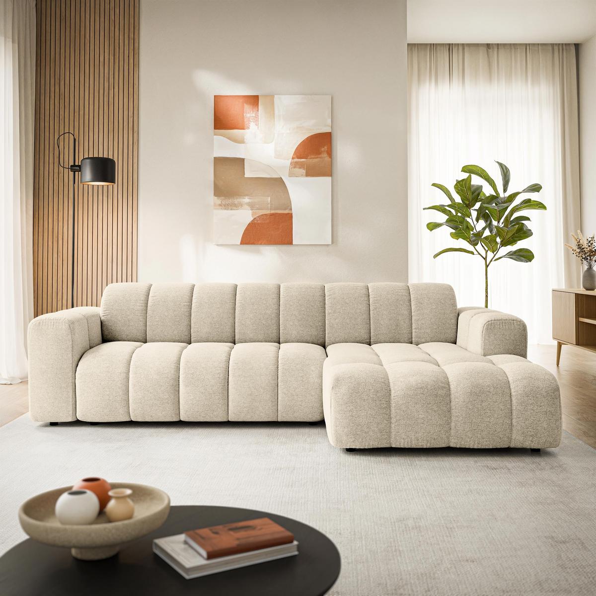ECKSOFA SETIA Creme Strukturstoff mit Schlaffunktion - Creme, Holz (304/165cm) - MASSENO