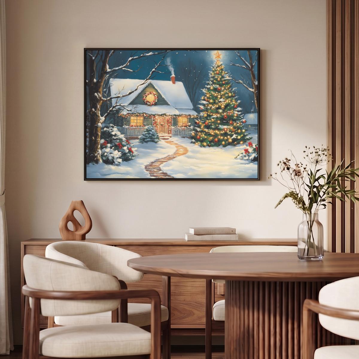 LEINWAND Bilder mit Rahmen - Weihnachten - Weihnachtsbaum - Winter - Zuhause - Schnee - 100x70 - Smaragdgrün, Textil (100/70cm) - MuchoWow
